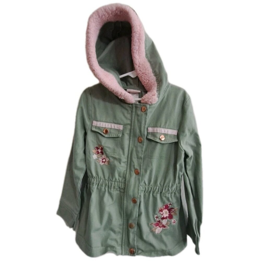 Little Lass Girl's 7/8 Green Pink Hooded Jacket Floral Embroidery